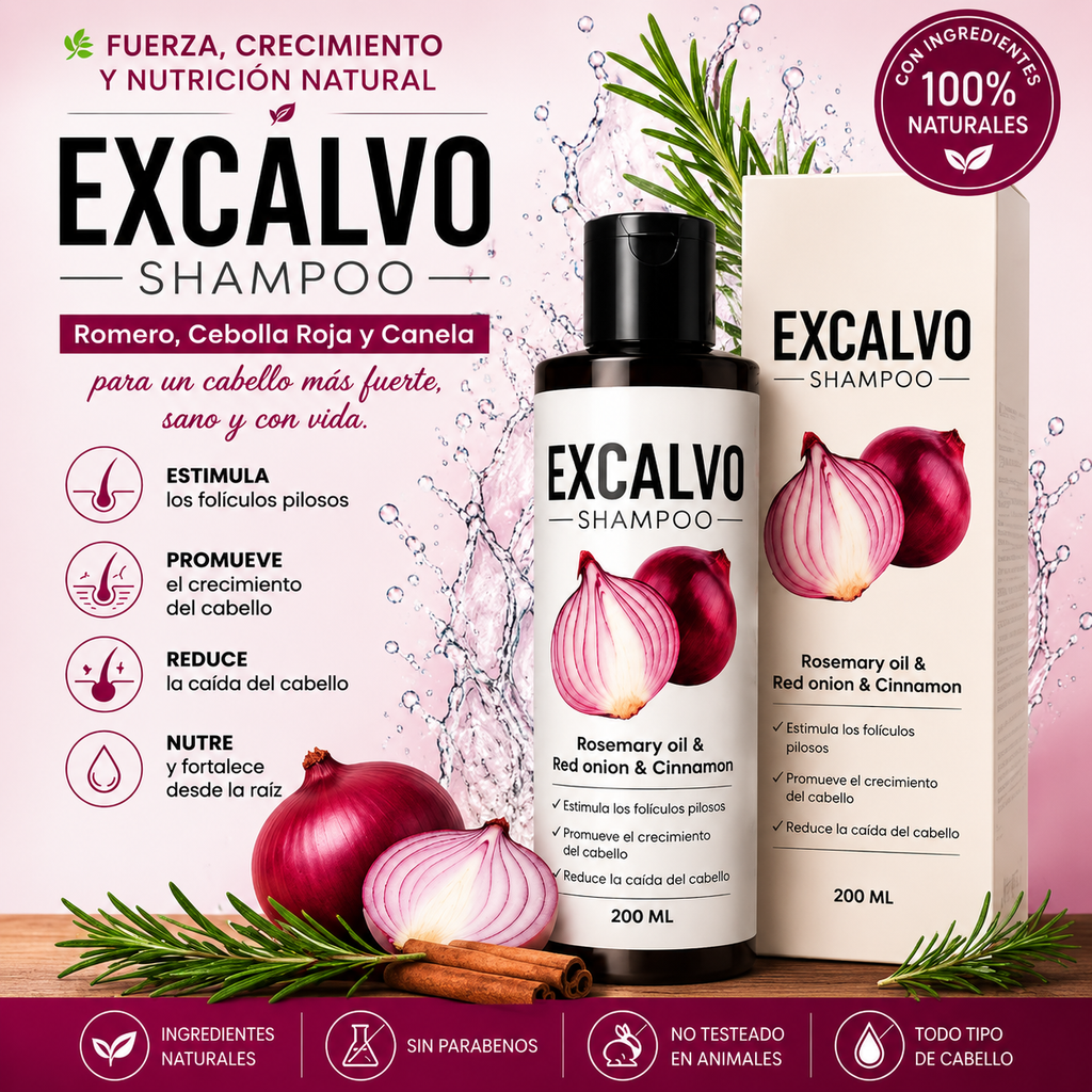 🌿 EXCALVO SHAMPOO – ROMERO, CEBOLLA ROJA Y CANELA - NOSA