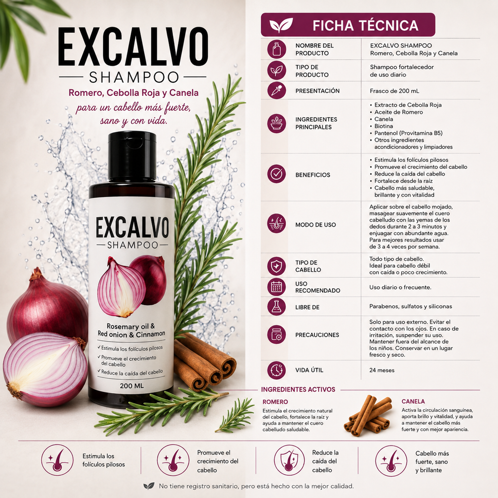 🌿 EXCALVO SHAMPOO – ROMERO, CEBOLLA ROJA Y CANELA - NOSA