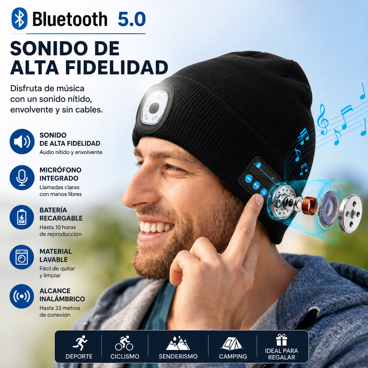 🧢GORRO REPRODUCTOR DE MUSICA CON LINTERNA