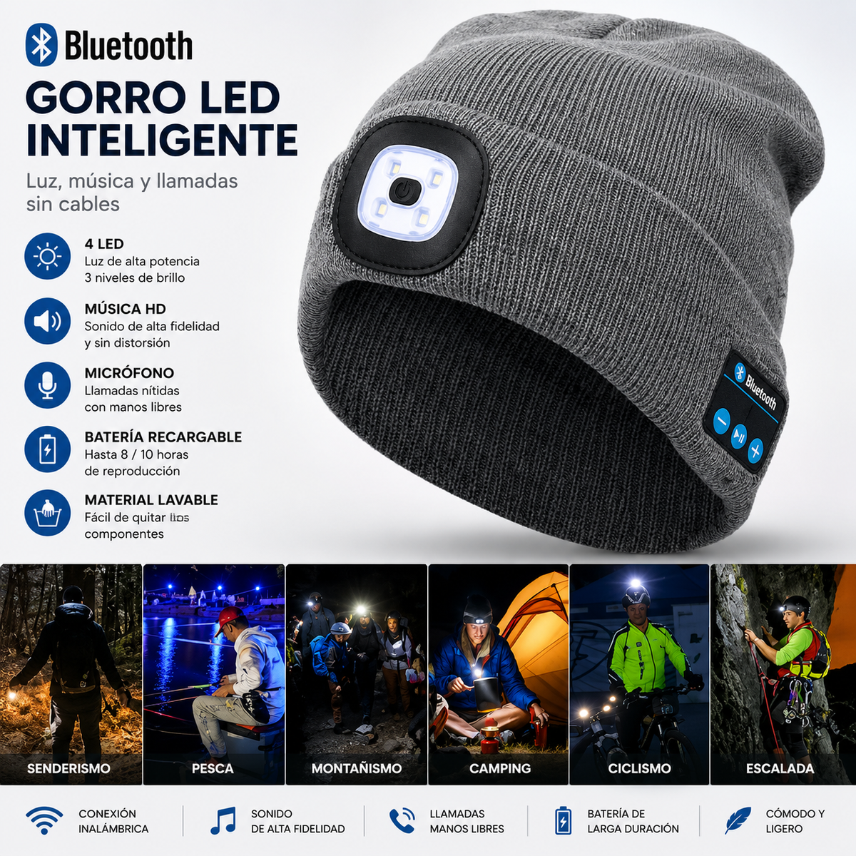 🧢GORRO REPRODUCTOR DE MUSICA CON LINTERNA
