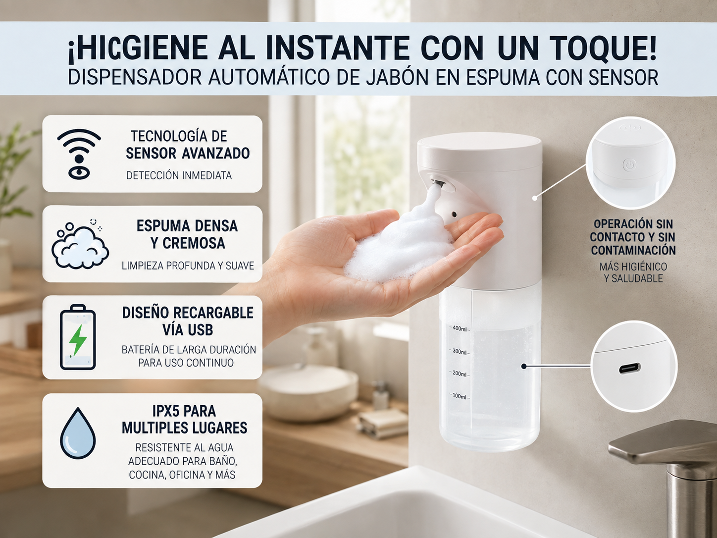 Dispensador de jabón automático con sensor inteligente